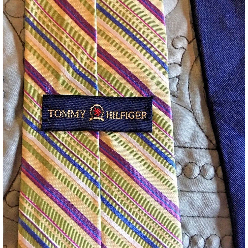 TOMMY HILFIGER 100% Silk Men's Classic Neck Tie Green, Blue, Purple Stripes‎